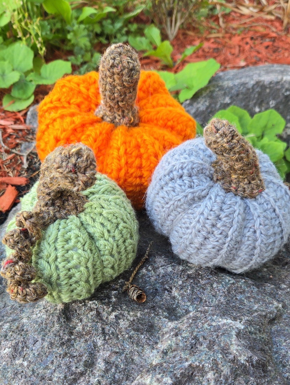 Handmade Knit Pumpkin Trio - Orange, Sage Green & Light Gray